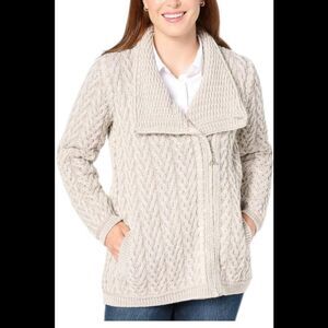 Aran Crafts Women's Merino Wool Asymmetrical Zip Sweater Cardigan Gray - Regular